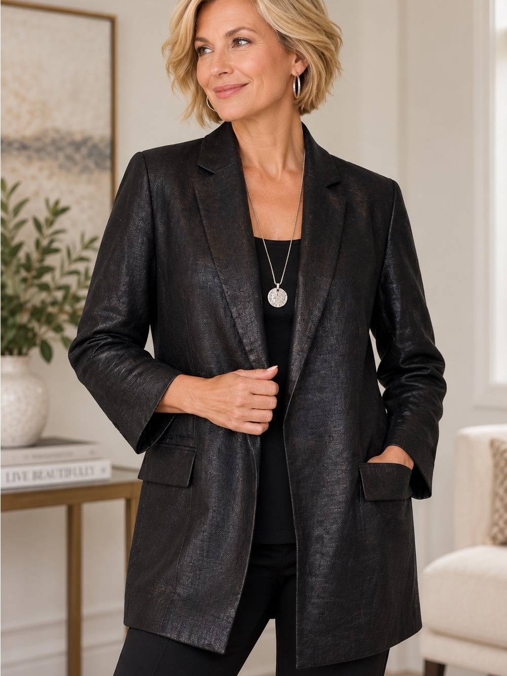 Chico's Black Shiny Linen Open Front Mid-Length Oversided Blazer Jacket Size 1